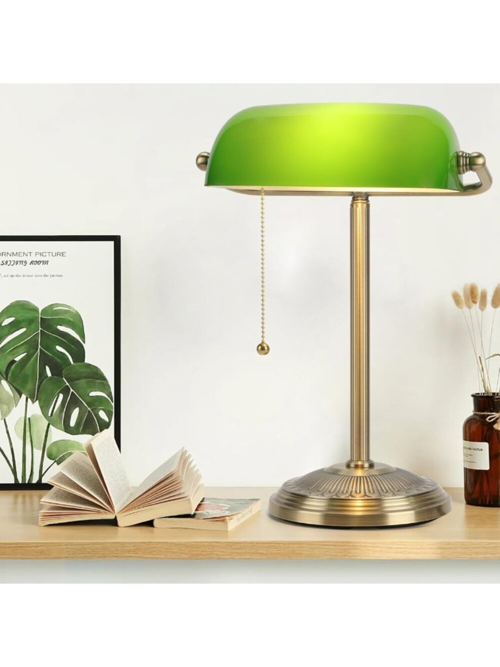Vintage Brass Finish Bankers Lamp with Pull Switch & Green Glass Shade